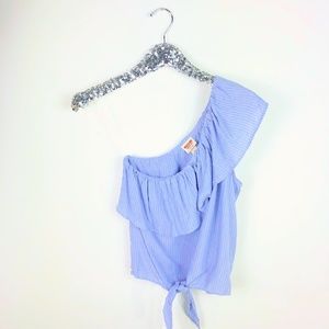 Blue One Shoulder Ruffle Blouse Size XS